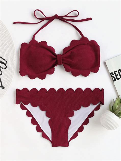 Scalloped Trim Halter Top With Low Rise Bikini Set Bandeau Bikini