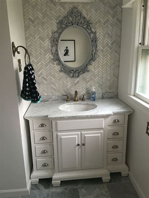 Allen Roth Vanity Chevron Mosaic Back Splash With Gray Marble