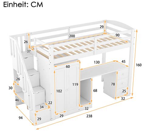 Letto A Soppalco 90 X 200 Con Armadio E Scale Scrivania E Cassettiera