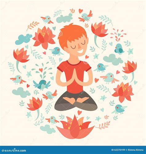 Little Boy In The Lotus Position With Lotus Flower Cartoon Vector ...