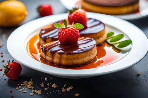 Un Plato De Postres Con Glaseado De Chocolate Y Una Fresa Encima