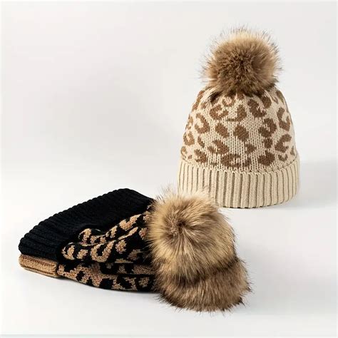 Classic Leopard Jacquard Beanie Pom Vintage Color Block Knit Temu