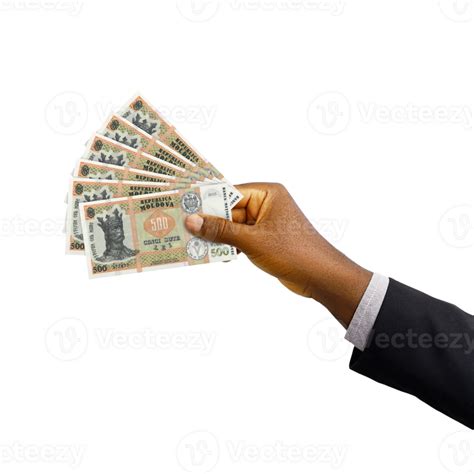 Black hand with suit holding 3D rendered Moldovan leu notes isolated on ...