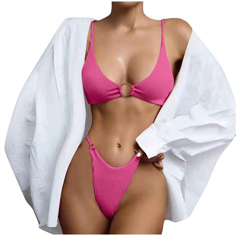 ZQUUVOU Women S Bikini 2 Piece High Warist Solid Color Swimsuit Bikinis Hot Pink S Walmart