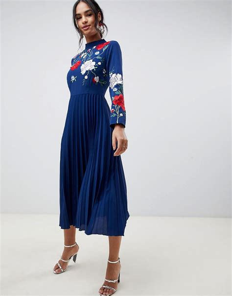 Asos Pleated High Neck Midi Dress With Embroidery In Blue Lyst