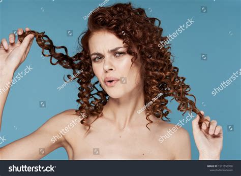 Blue Background Curly Hair Naked Shoulders Stock Photo Shutterstock