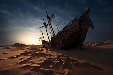 Um Velho Navio De Vela De Madeira Encalhado No Meio Do Deserto Do