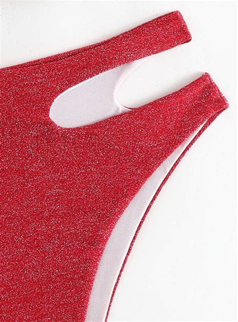 Womens Glitter Knit High Waist Bikini Set With One Shoulder Cutout Top And Hip Strap Cutout