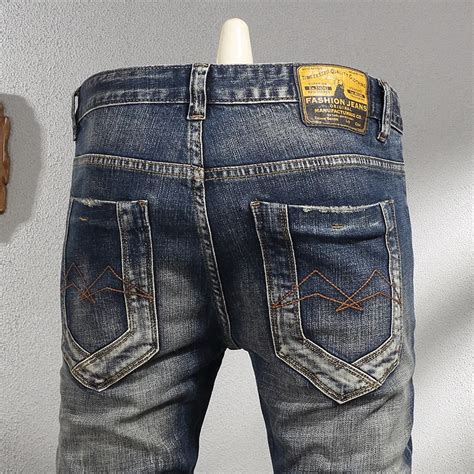 Dark Blue Vintage Make Old Ripped Patch Jeans Men New Street