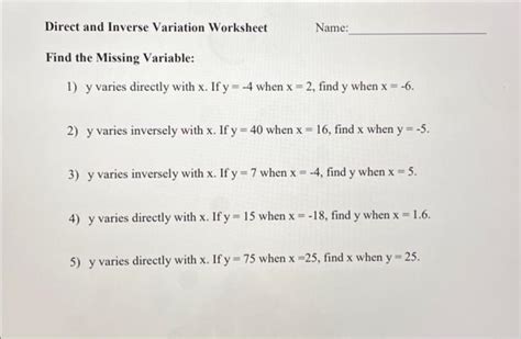 Solved Direct And Inverse Variation Worksheet Name Find The