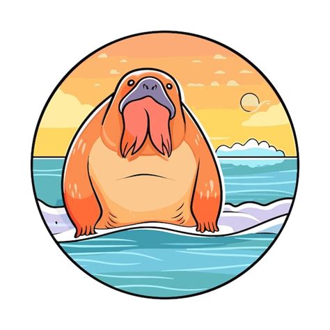 Walrus Cute Funny Cartoon Kawaii Farbenfrohe Aquarelle Strand Sommer