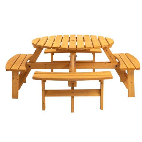 8 Person Round Wooden Picnic Table With Seat Outdoor Camping Dining Table With 4 Built In