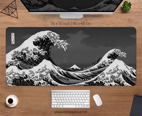 Japanese Mouse Pad Great Wave Black And White Gaming Desk Mat Rgb Led