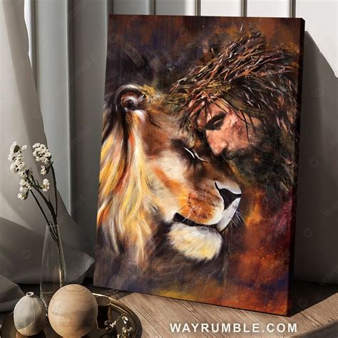 a painting of jesus and a lion on a table