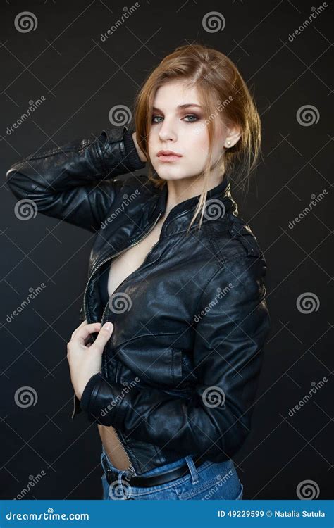 Beautiful Sensual Girl Blonde In A Leather Jacket Stock Image Image