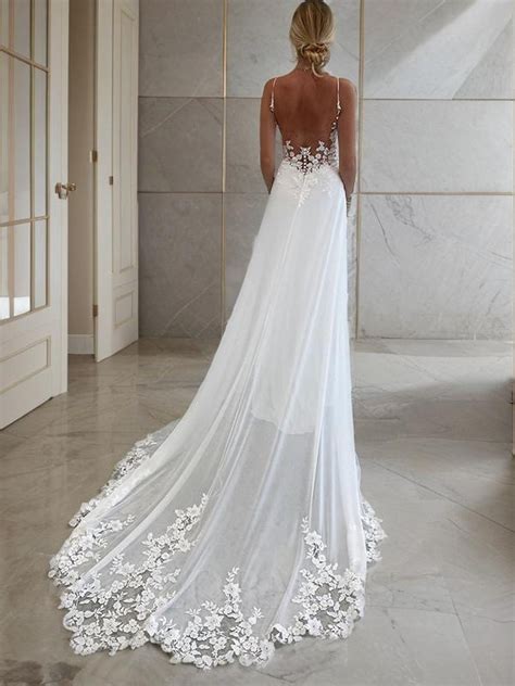 A Line Princess V Neck Chapel Train Chiffon Wedding Dresses With