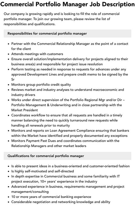 Commercial Portfolio Manager Job Description Velvet Jobs