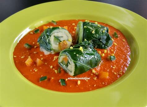 Involtini Di Bietola Su Crema Al Peperone Rosso E Briciole Di Tarallino