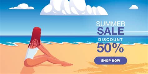 Premium Vector Summer Sale Banner Template Design With Woman In Bikini Sits On The Beach