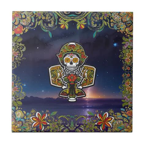 Sugar Skull Art Day Of The Dead Airplane Altar Ceramic Tile Zazzle