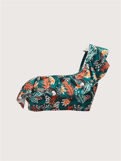 YEŞİL Desenli Tek Omuz Fırfır Detaylı Kadın Bikini Üstü S AH Z LRQ