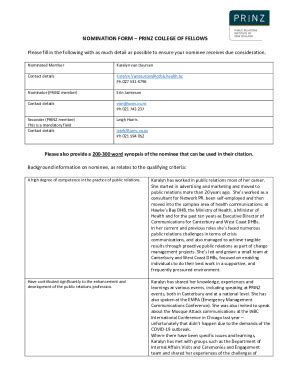 Fillable Online Nomination Form Prinz College Of Fellows Fax Email