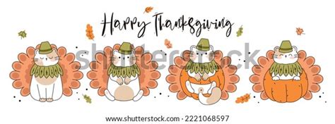 Draw Funny Cats Thanksgiving Pumpkin Turkey Stock Vector Royalty Free