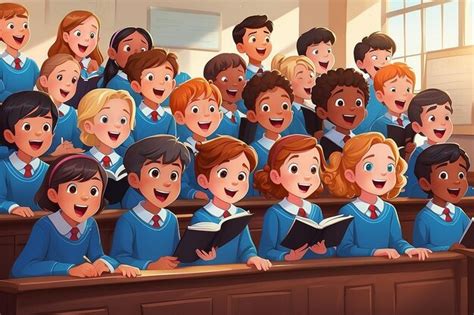 Grupo De Desenhos Animados De Crian As Cantando No Coro Da Escola