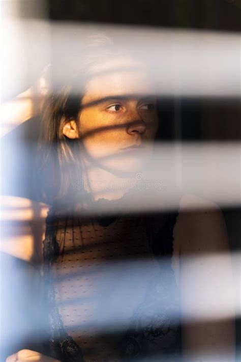 A Lovely Brunette Lingerie Model Poses In Lingerie In A Home Environment Stock Image Image Of