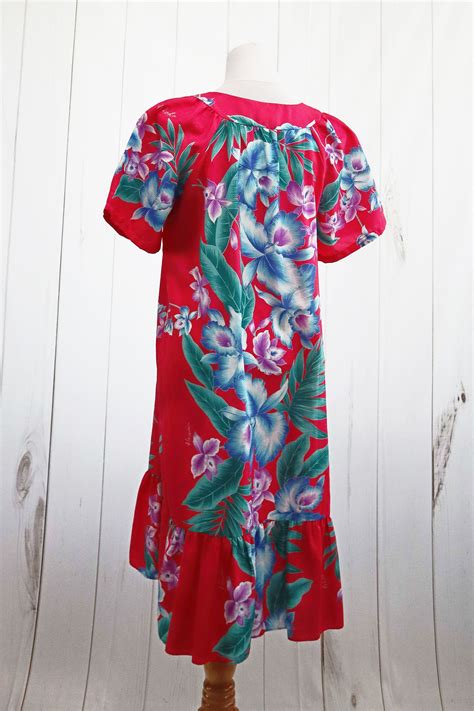 S Hawaiian Dress Red Large Medium Xl Floral Muumuu Mumu Short Sleeve