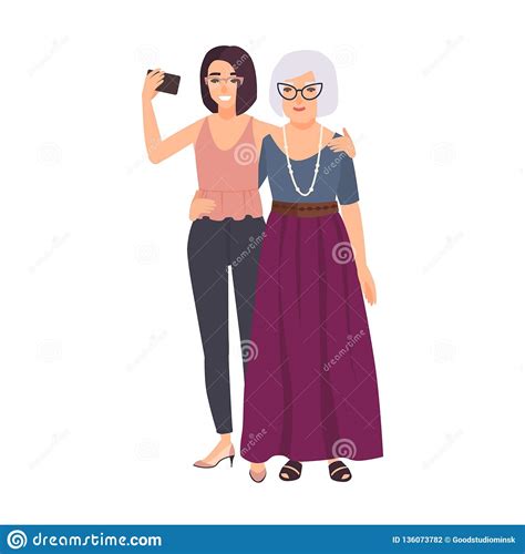 Smiling Grandmother Hugging Her Granddaughter Vector Illustration On