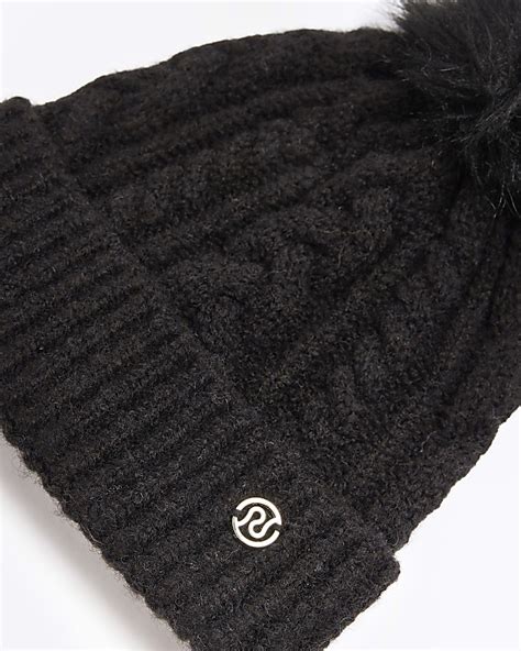 Black Pom Pom Cable Knit Beanie Hat River Island