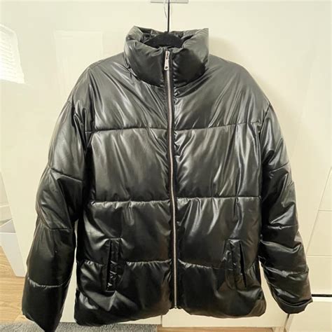 Black Faux Leather Puffer Jacket With Depop