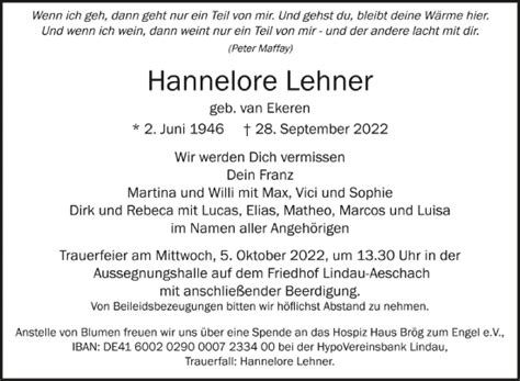 Traueranzeigen Von Hannelore Lehner Schwaebische De Trauerportal