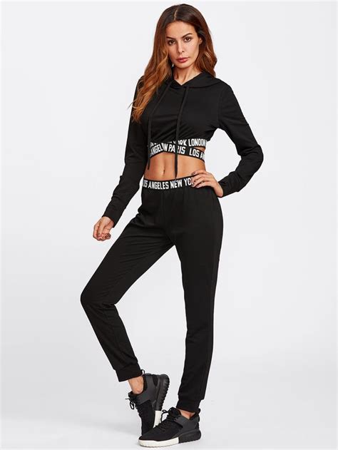 Shein Printed Cross Strap Detail Hoodie And Sweatpants Set Jogging