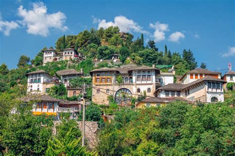 Traditional Albanian White Houses With Stone Gray Roofs Editorial