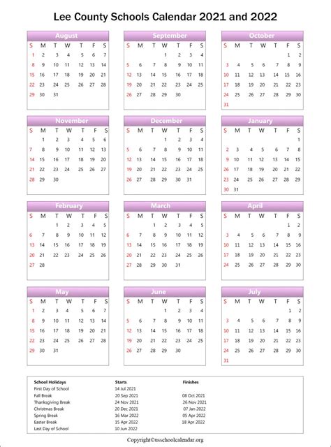 Lee County School Calendar with Holidays 2021-2022