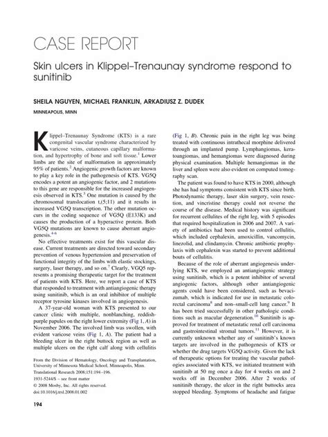 PDF Skin Ulcers In KlippelTrenaunay Syndrome Respond To Sunitinib