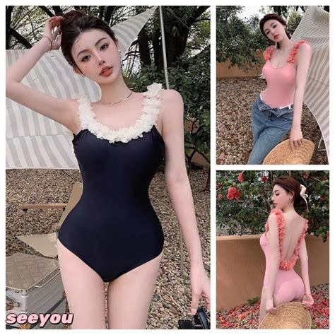 Fast Shipping From Hanoi Seeyou Bikini Swimwear One Piece Open Back Flower Pattern Charming