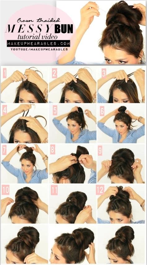 5 Minute Messy Bun With Crown Braid Tutorial Video Cute Hairstyles