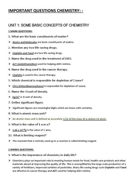 Important Questions Chemistry | PDF | Mole (Unit) | Molecules