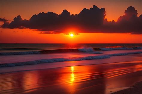 Premium AI Image A Sunset Over A Beach With A Wave Breaking In The