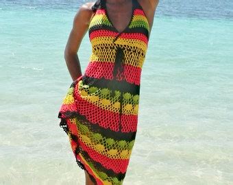 RASTA COLORS Handmade Crochet Dress See Trough Bikini Cover Up Etsy