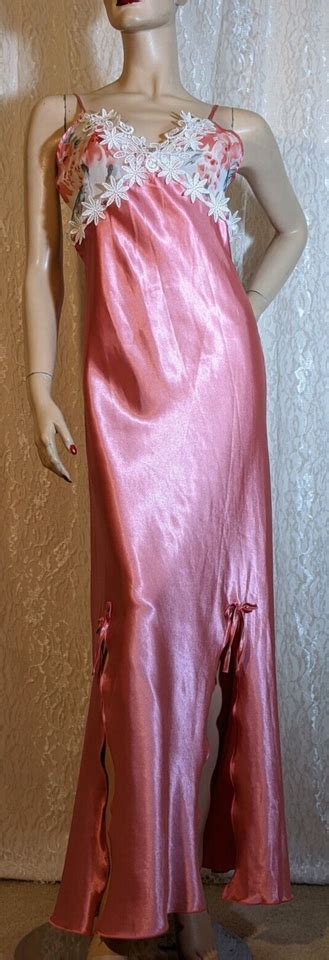 Retro Pink Satin Long Sexy Slit Lingerie Dress Nightgown L Ebay