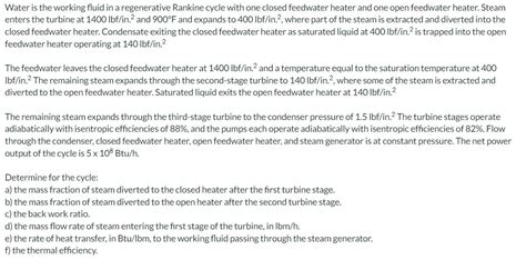 Solved Water Is The Working Fluid In A Regenerative Rankine Chegg