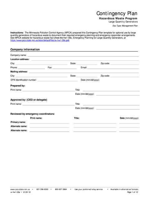 Fillable Online Contingency Plan This Form Is Used As A Template To