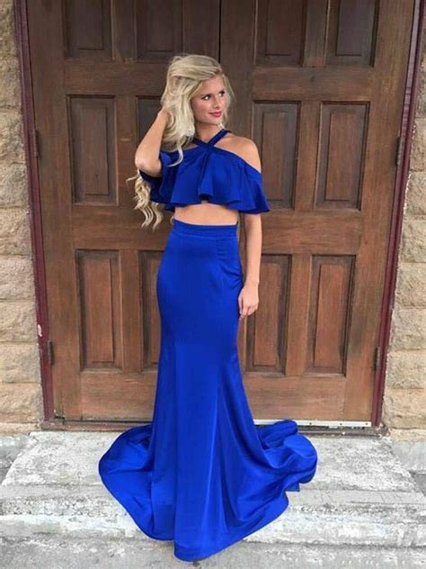 Royal Blue Two Pieces Mermaid Prom Dresses Long Satin Evening Dresses