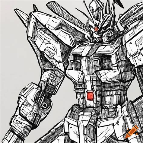 Pen And Ink Illustration Of A Gundam With Weapons On Craiyon