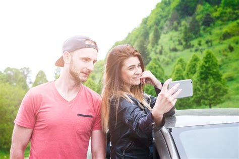 Happy Young Couple Friends Making Selfie While Sitting In Car Summer Time Caucasian People