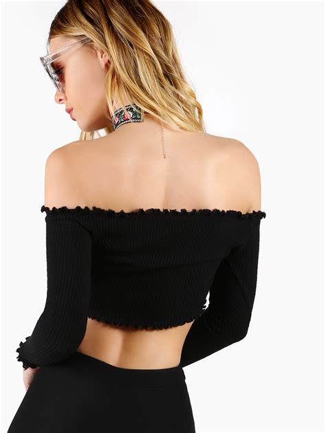 Rib Knit Lettuce Edge Crop Bardot Top Shein Sheinside